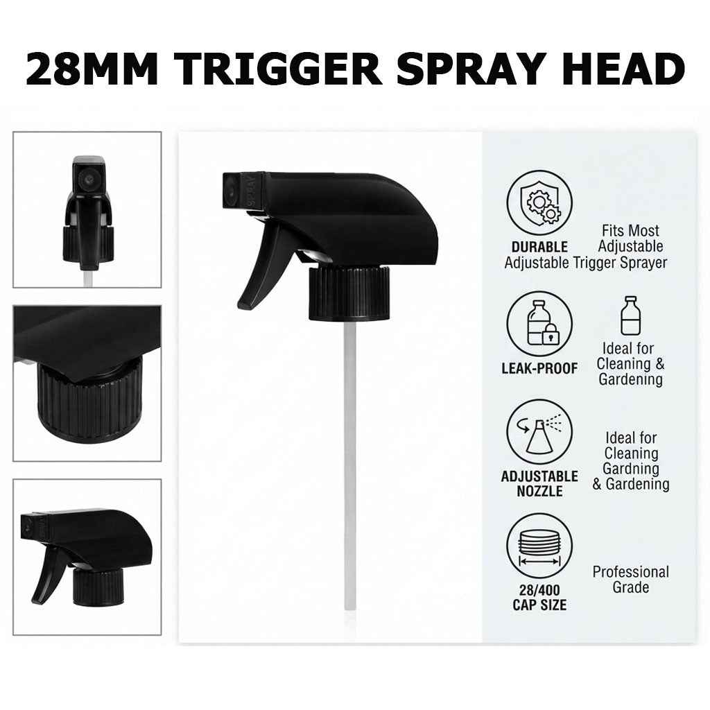 28mm Trigger Sprayer Replacement Head 28/410 Plastic Spray Top for Bottles | Black & Clear