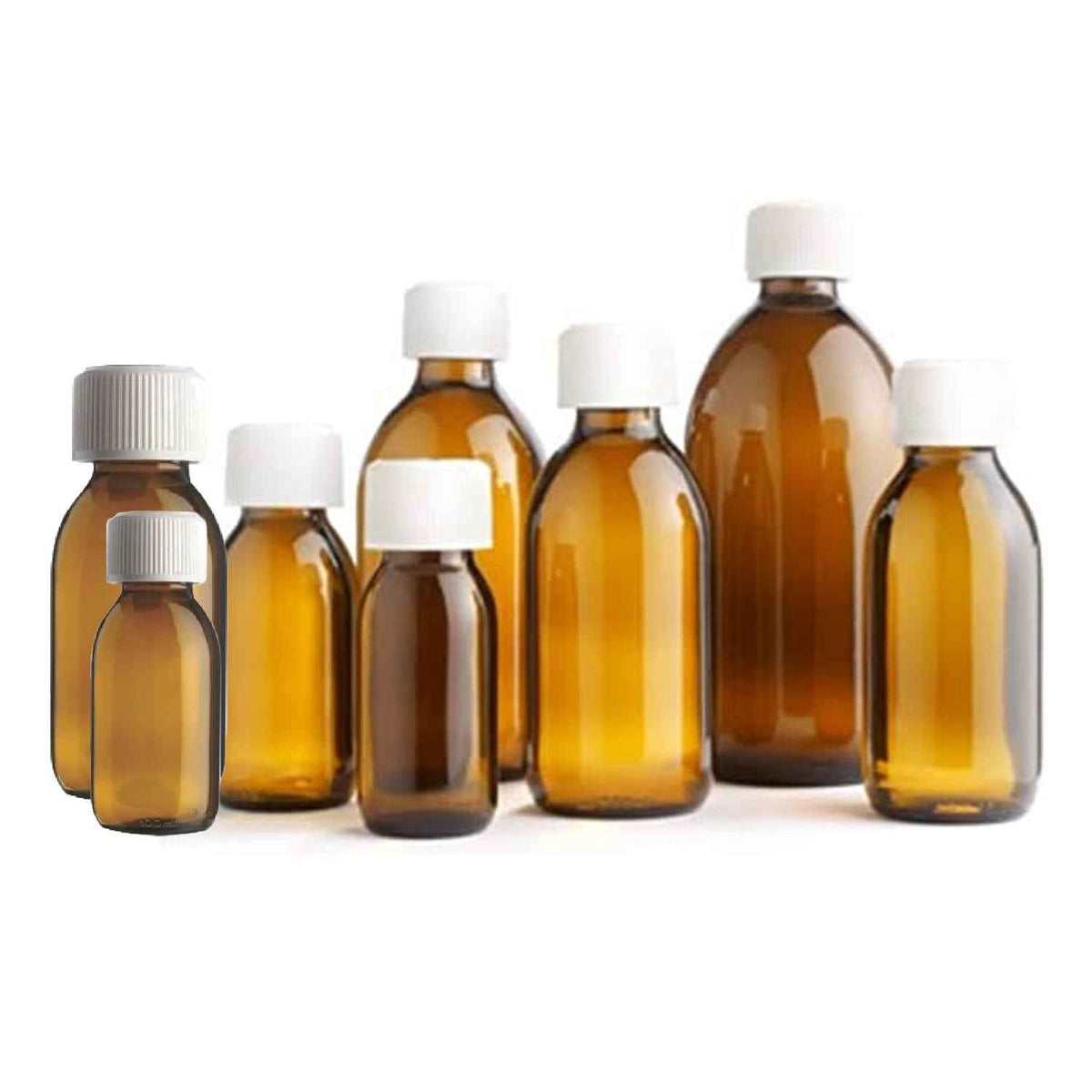 Amber Glass Medicine & Syrup Bottles with 28mm White Medicap Child-Resistant Cap - Multipack (60ml–1000ml)