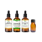 Pure Sweet Almond, Castor and Grapeseed Oil set in glass dropper bottles with free amber glass mixing bottle