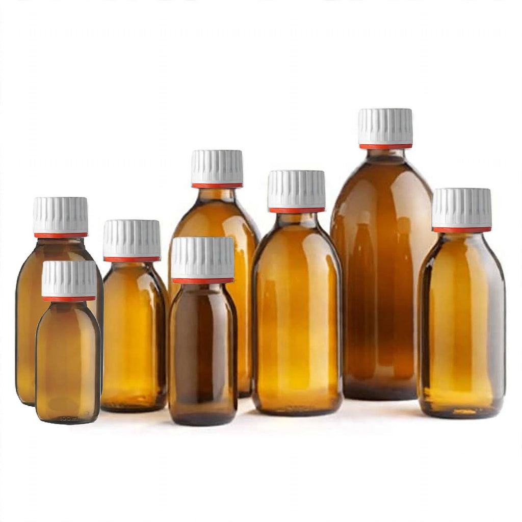 Amber Glass Medicine & Syrup Bottles with 28mm White Red TE Caps — Multipack (60ml–1000ml) | Made in the UK