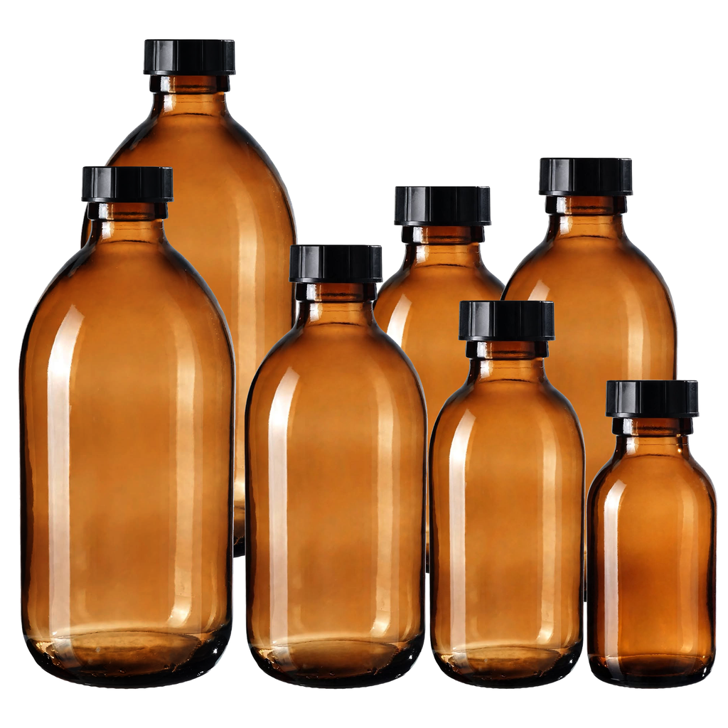 Amber Glass Medicine & Syrup Bottles with 28mm Black Polycone Caps — Multipack (60ml–1000ml) | Made in the UK