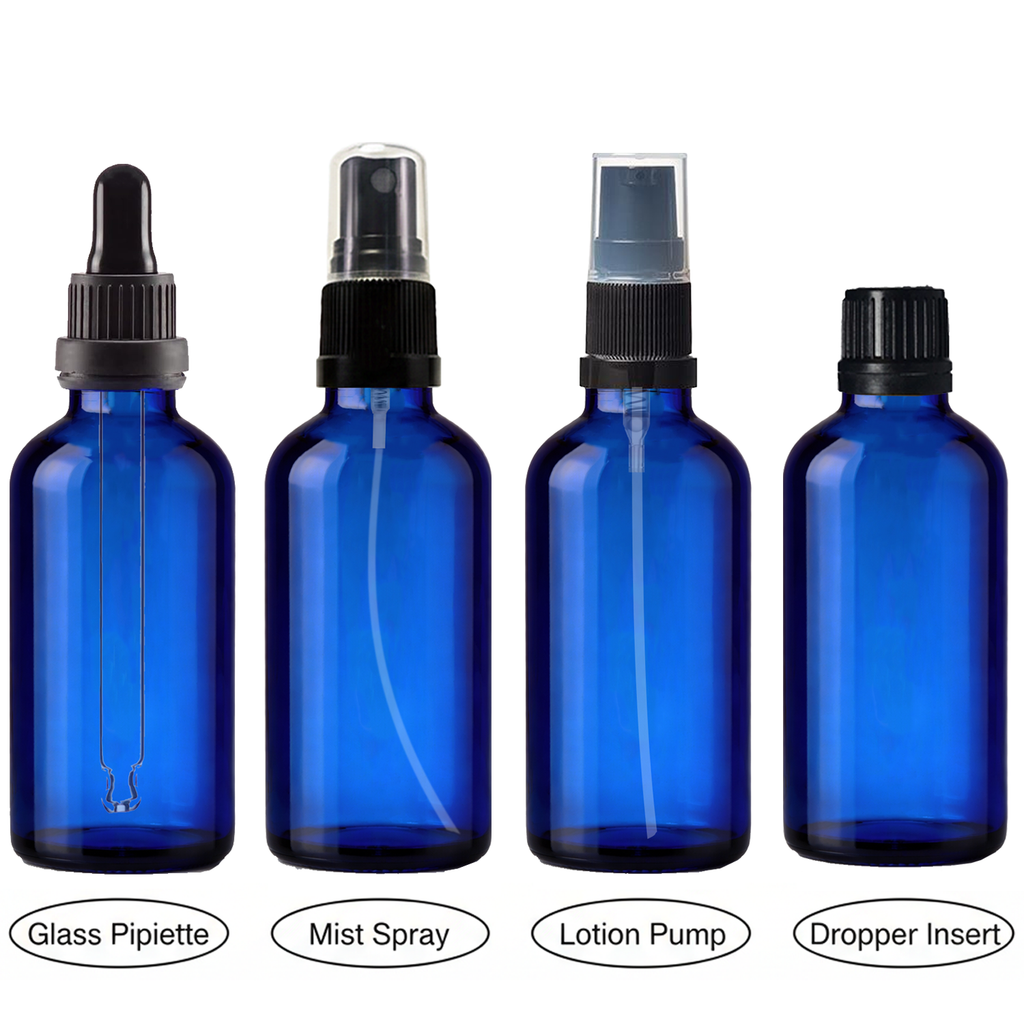 Blue Glass Boston Dropper Bottles 18mm | Atomiser Spray / Lotion Pump / Glass Pipette / Dropper Insert