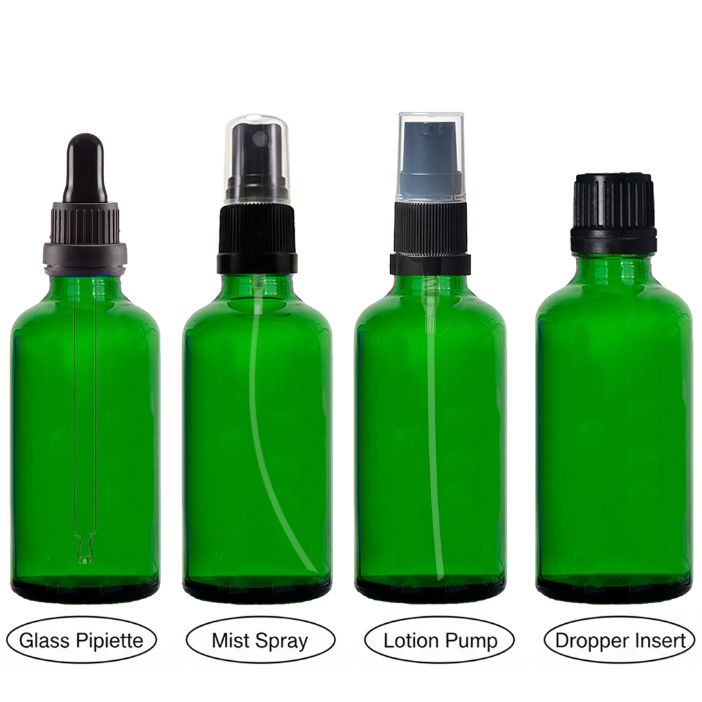 Green Glass Boston Dropper Bottles 18mm With Atomiser Spray / Lotion Pump / Glass Pipette / Dropper Insert