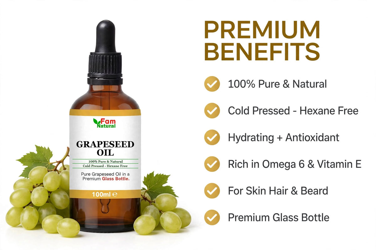 Fam Natural Grapeseed Oil 100ml - 100% Pure Cold Pressed Carrier Oil for Face, Hair & Beard (Glass Bottle with Pipette)