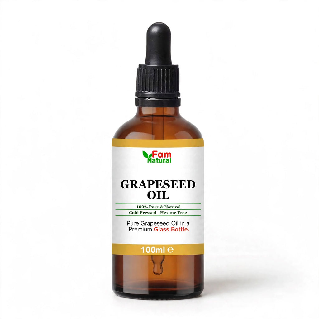 Fam Natural Grapeseed Oil 100ml - 100% Pure Cold Pressed Carrier Oil for Face, Hair & Beard (Glass Bottle with Pipette)