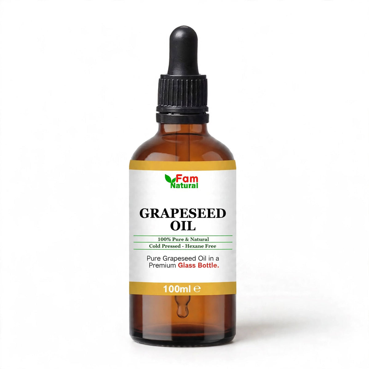 Fam Natural Grapeseed Oil 100ml - 100% Pure Cold Pressed Carrier Oil for Face, Hair & Beard (Glass Bottle with Pipette)