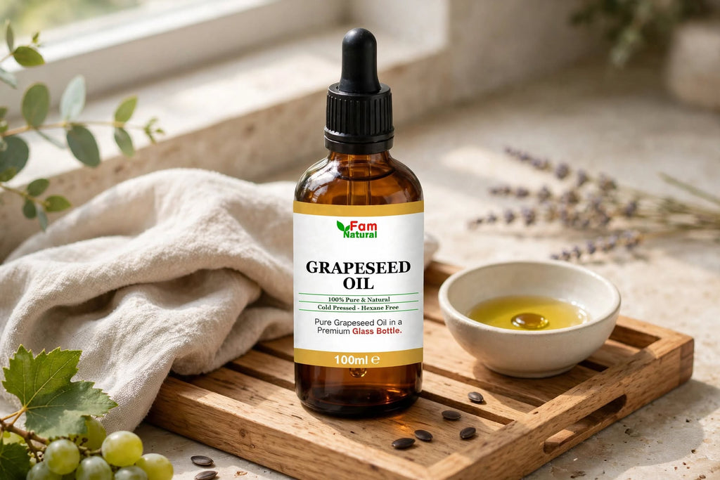 Fam Natural Grapeseed Oil 100ml - 100% Pure Cold Pressed Carrier Oil for Face, Hair & Beard (Glass Bottle with Pipette)