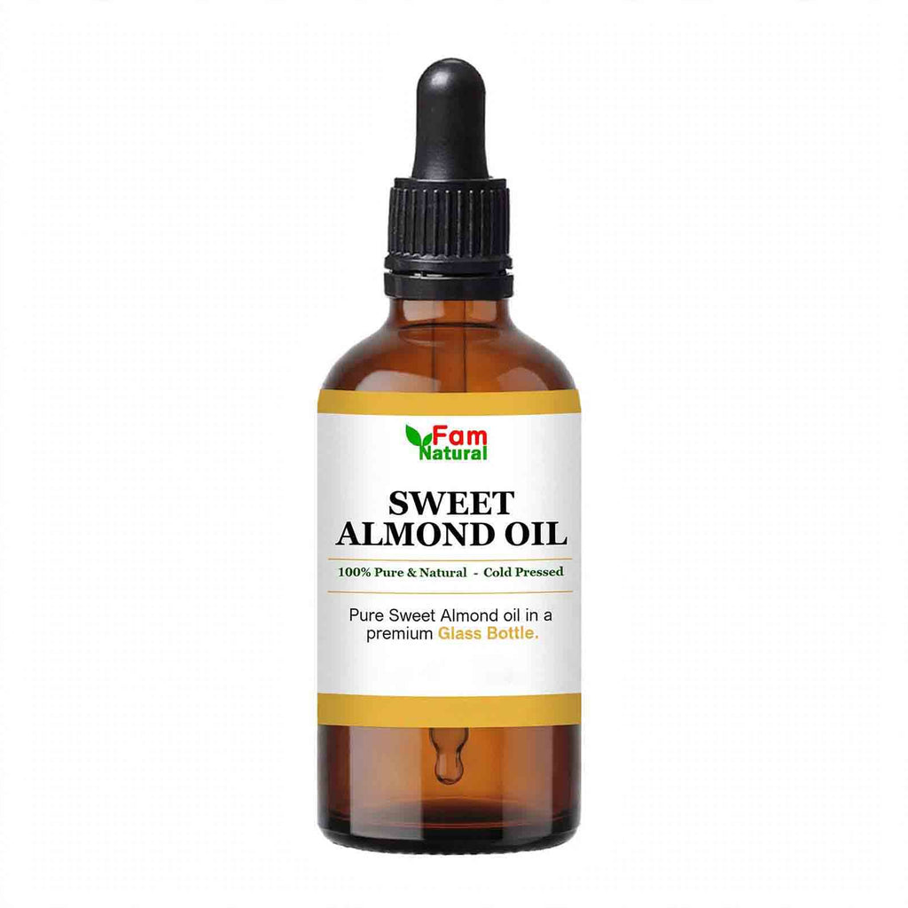 Fam Natural 100% Pure Sweet Almond Oil in Glass Bottle - Cold Pressed Hexane Free for Hair, Skin, Face, Body and Nails