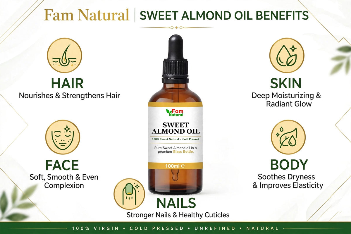 Fam Natural 100% Pure Sweet Almond Oil in Glass Bottle - Cold Pressed Hexane Free for Hair, Skin, Face, Body and Nails
