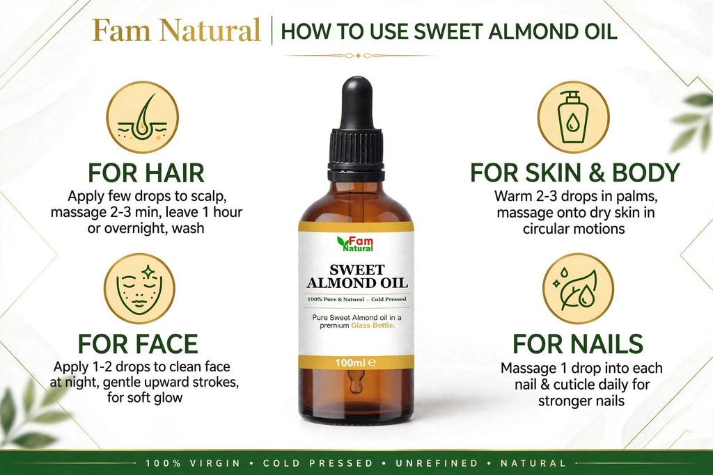 Fam Natural 100% Pure Sweet Almond Oil in Glass Bottle - Cold Pressed Hexane Free for Hair, Skin, Face, Body and Nails