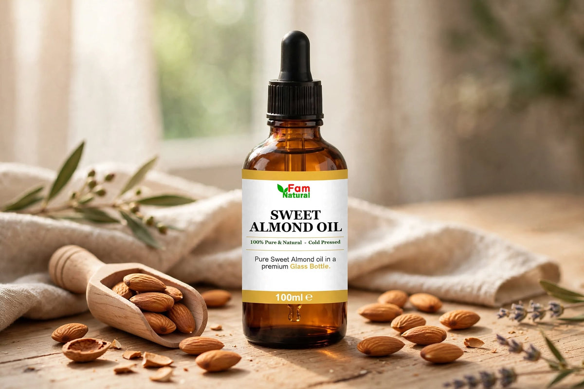 Fam Natural 100% Pure Sweet Almond Oil in Glass Bottle - Cold Pressed Hexane Free for Hair, Skin, Face, Body and Nails