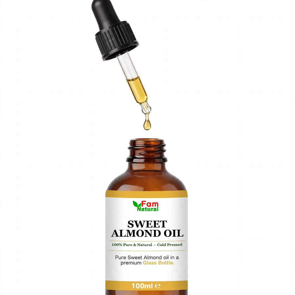 Fam Natural 100% Pure Sweet Almond Oil in Glass Bottle - Cold Pressed Hexane Free for Hair, Skin, Face, Body and Nails