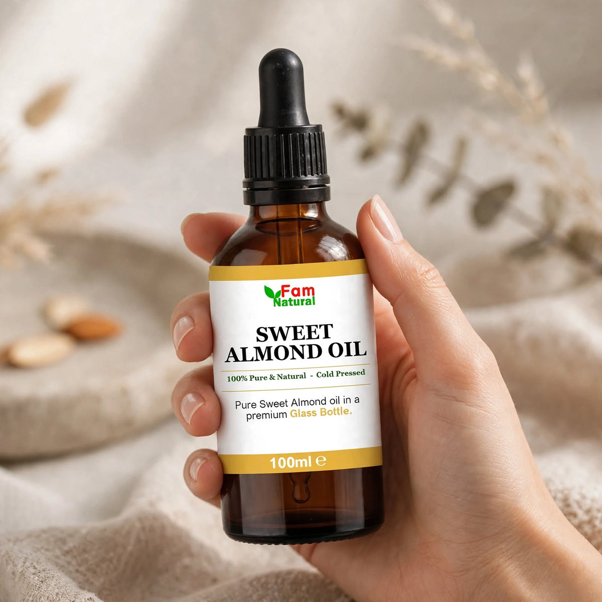 Fam Natural 100% Pure Sweet Almond Oil in Glass Bottle - Cold Pressed Hexane Free for Hair, Skin, Face, Body and Nails