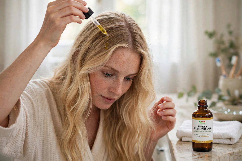 Fam Natural 100% Pure Sweet Almond Oil in Glass Bottle - Cold Pressed Hexane Free for Hair, Skin, Face, Body and Nails