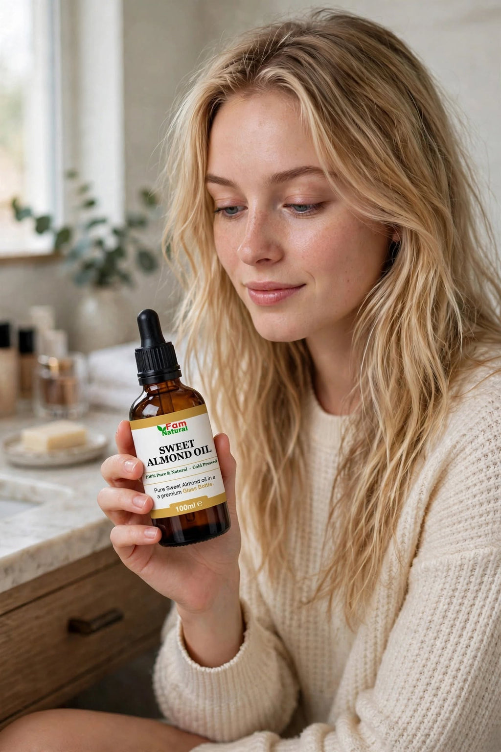Fam Natural 100% Pure Sweet Almond Oil in Glass Bottle - Cold Pressed Hexane Free for Hair, Skin, Face, Body and Nails