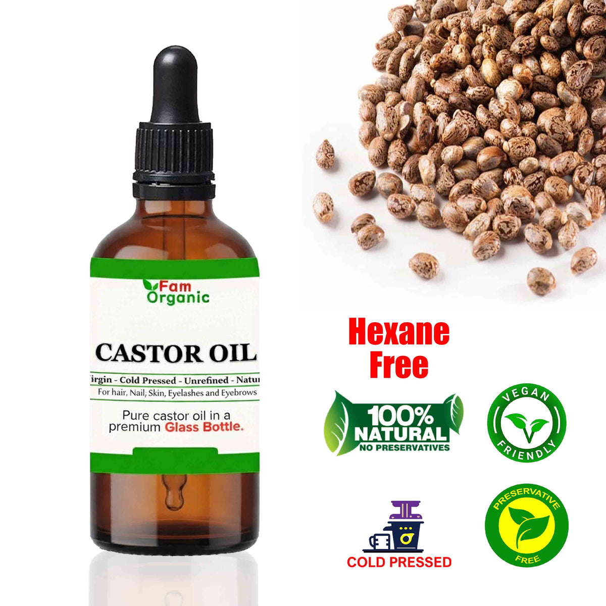 100% Natural Cold-Pressed Castor Oil - Hexane-Free with Glass Pipette (50ml & 100ml) | Fam Organic