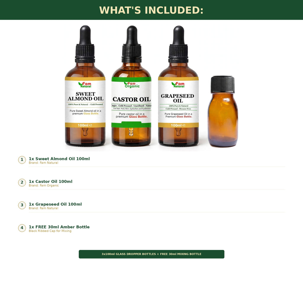 Ultimate DIY Hair, Skin & Nail Care Kit: Pure Almond, Castor & Grapeseed Oils set (3x100ml) + Free Glass Mixing Bottle