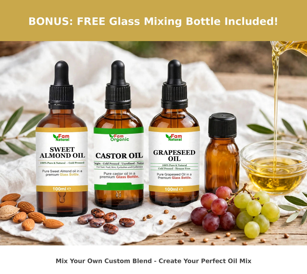 Custom DIY hair growth and cuticle serum recipes blended in reusable amber glass bottle