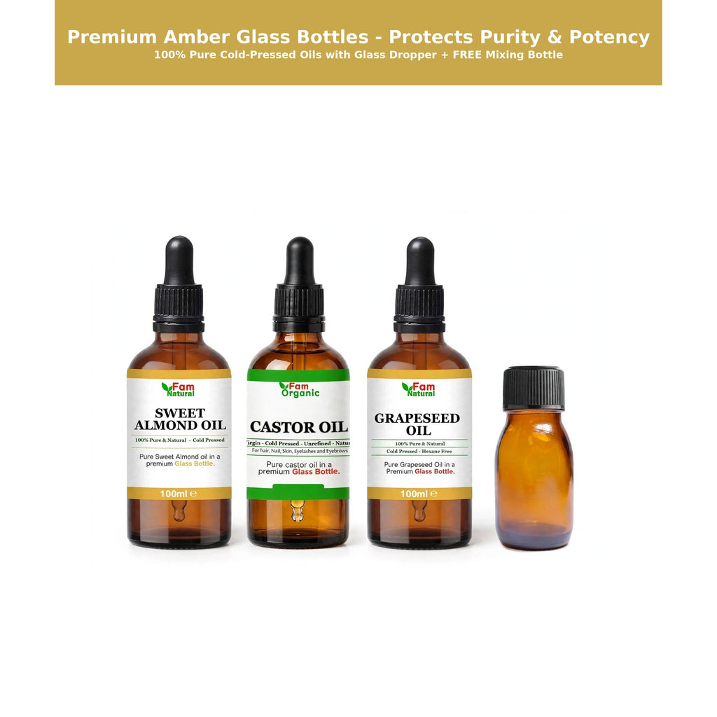 Pure Sweet Almond, Castor and Grapeseed Oil set in glass dropper bottles with free amber glass mixing bottle for gift