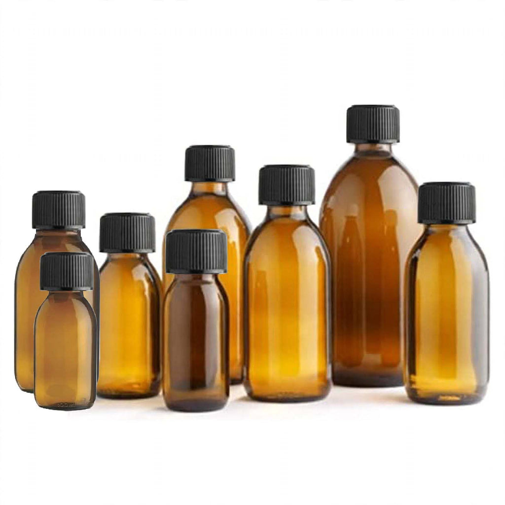 Amber Glass Medicine & Syrup Bottles with 28mm Black Ribbed Caps — Multipack (60ml–1000ml)  | Made in the UK