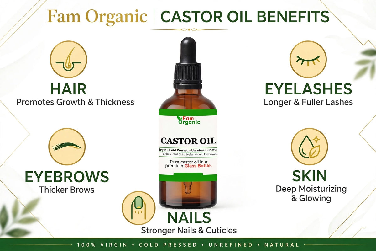 100% Natural Cold-Pressed Castor Oil - Hexane-Free with Glass Pipette (50ml & 100ml) | Fam Organic